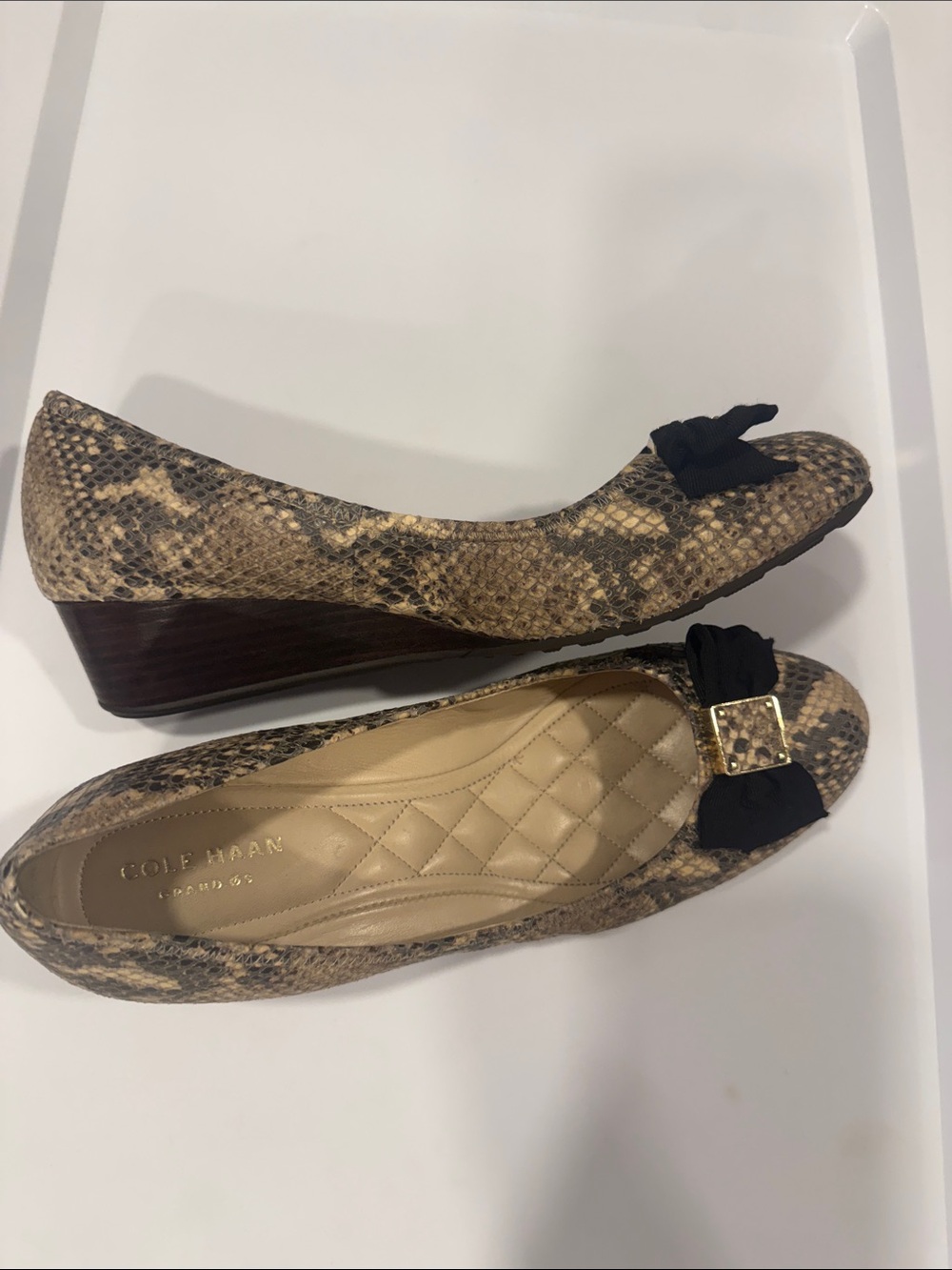 Cole Haan Beige and Black Snakeskin-Print Wedge Ballet Flats with Bow - Picture 2 of 4
